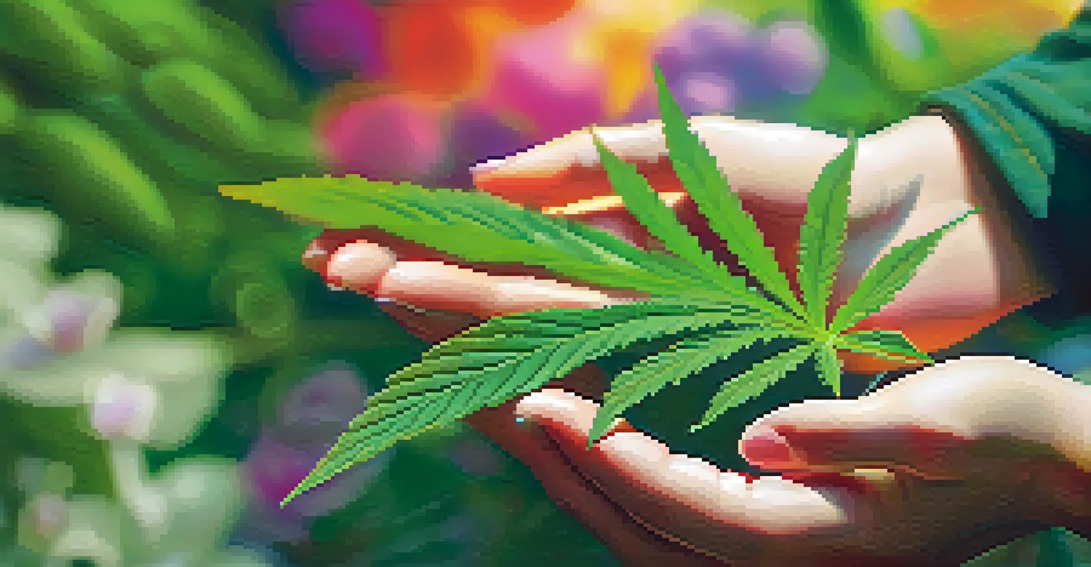 A close-up of a hand holding a cannabis leaf, with a blurred garden background filled with colorful flowers.