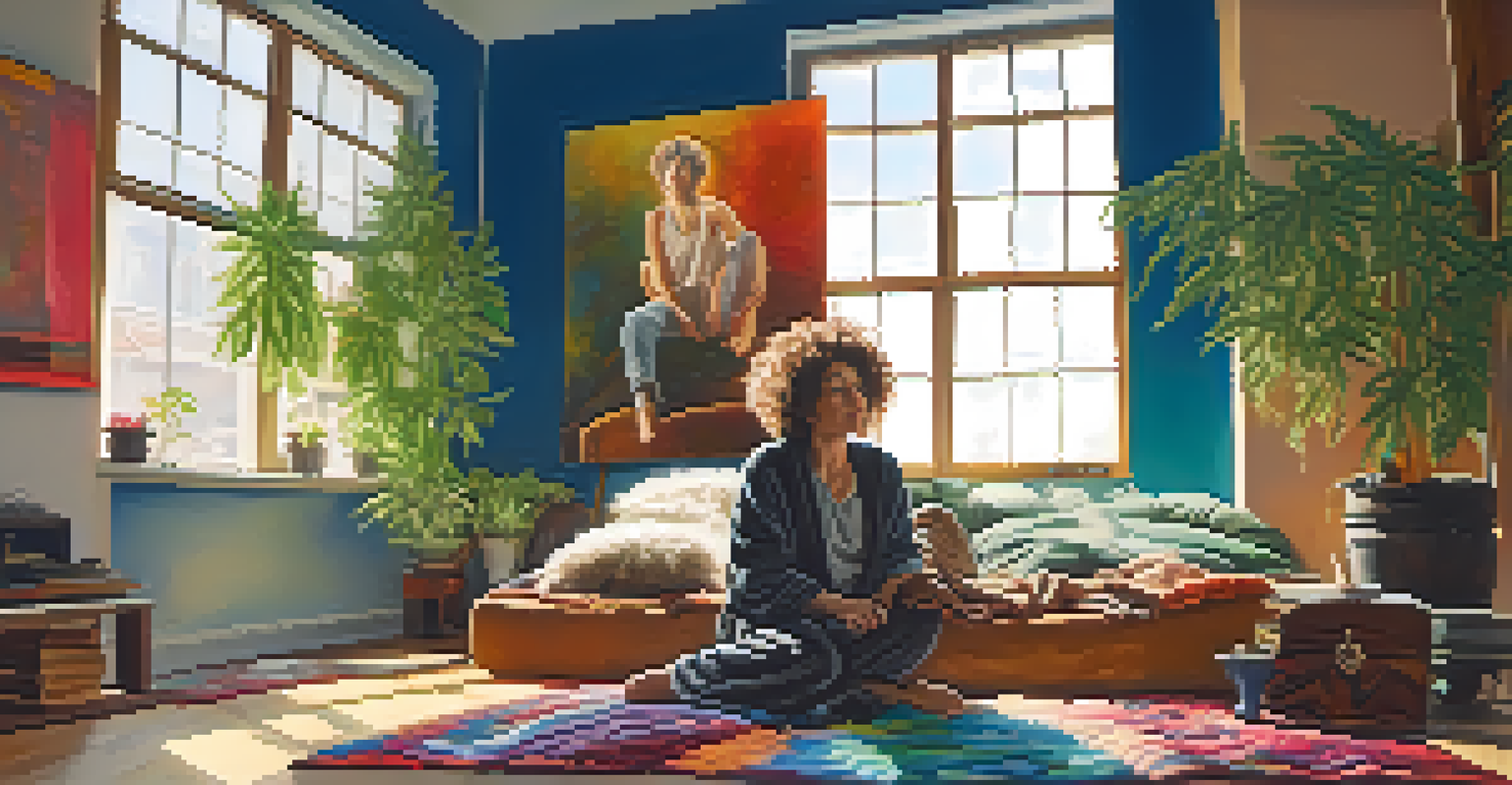 A modern artist painting in a cozy studio, surrounded by bright colors and natural light.