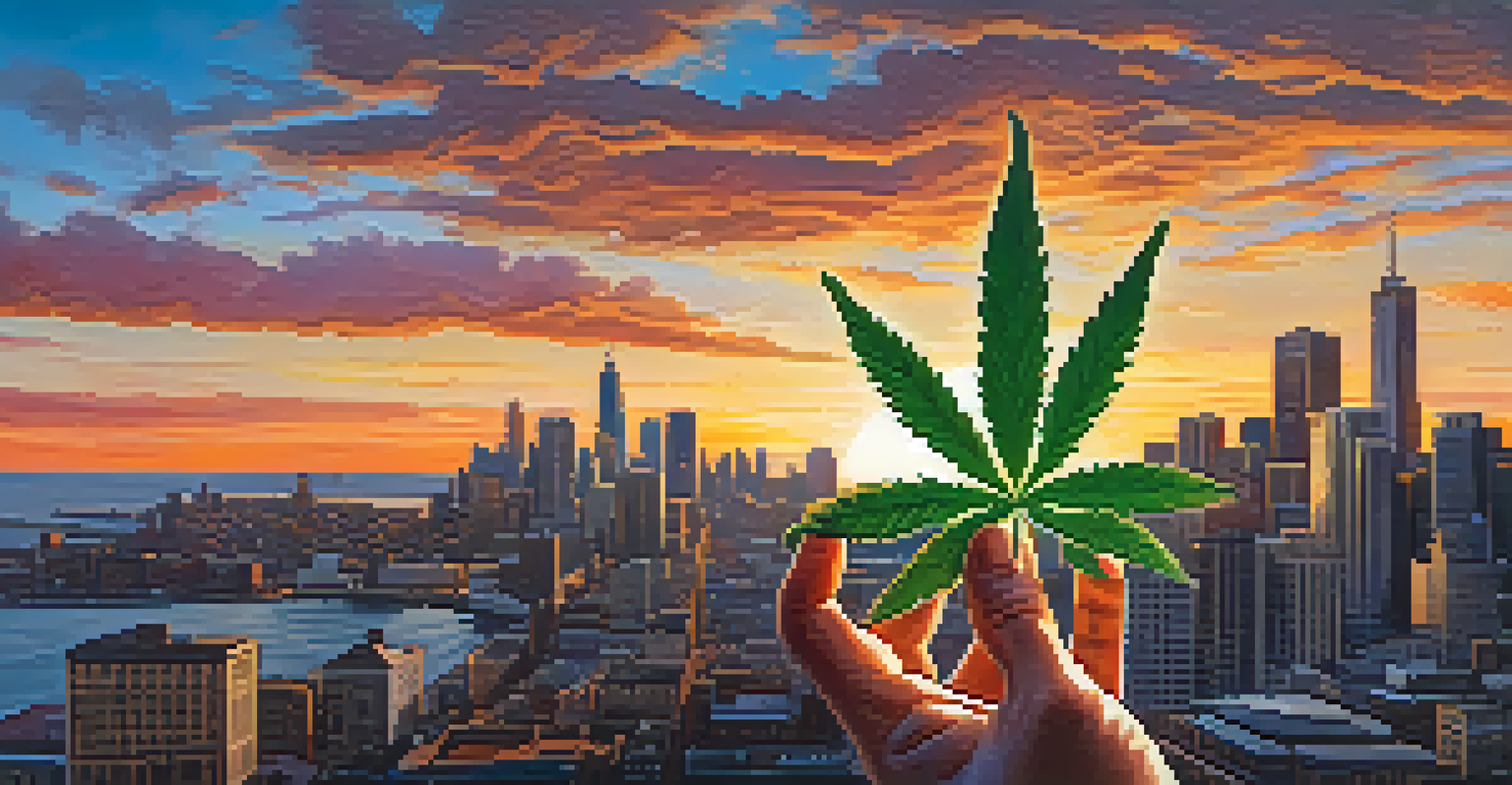 A close-up of a hand holding a cannabis leaf with a city skyline at sunset in the background.
