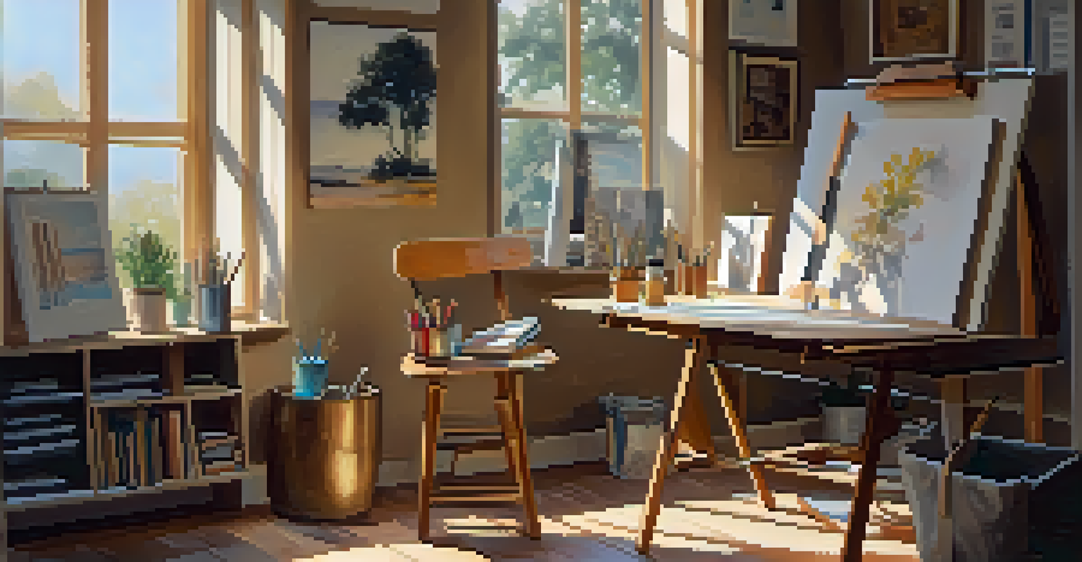 A cozy art studio corner with a comfortable chair, art supplies on a table, and warm light coming through a window.