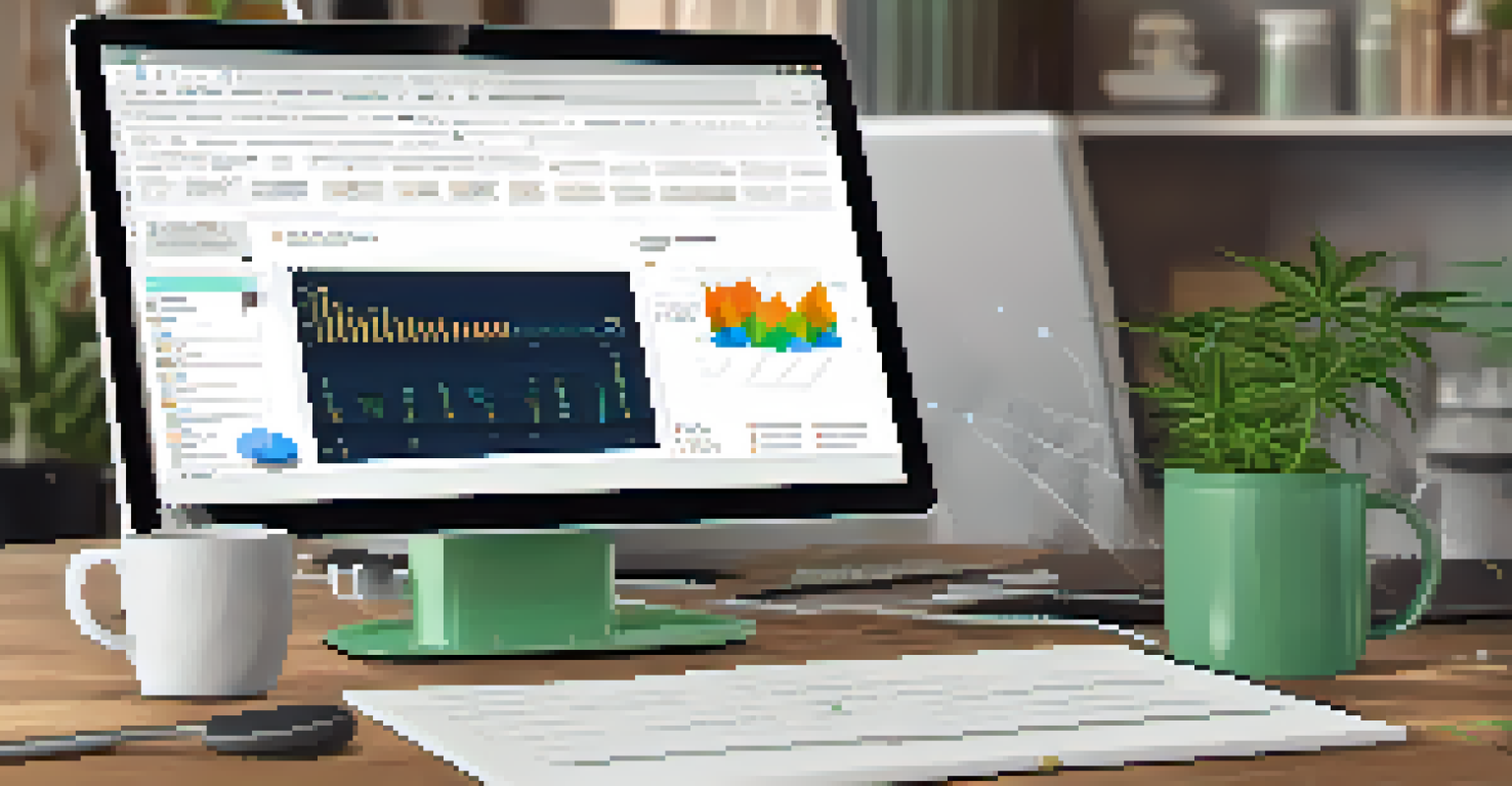 A digital workspace with a laptop displaying cannabis software metrics, alongside a notepad and coffee cup.