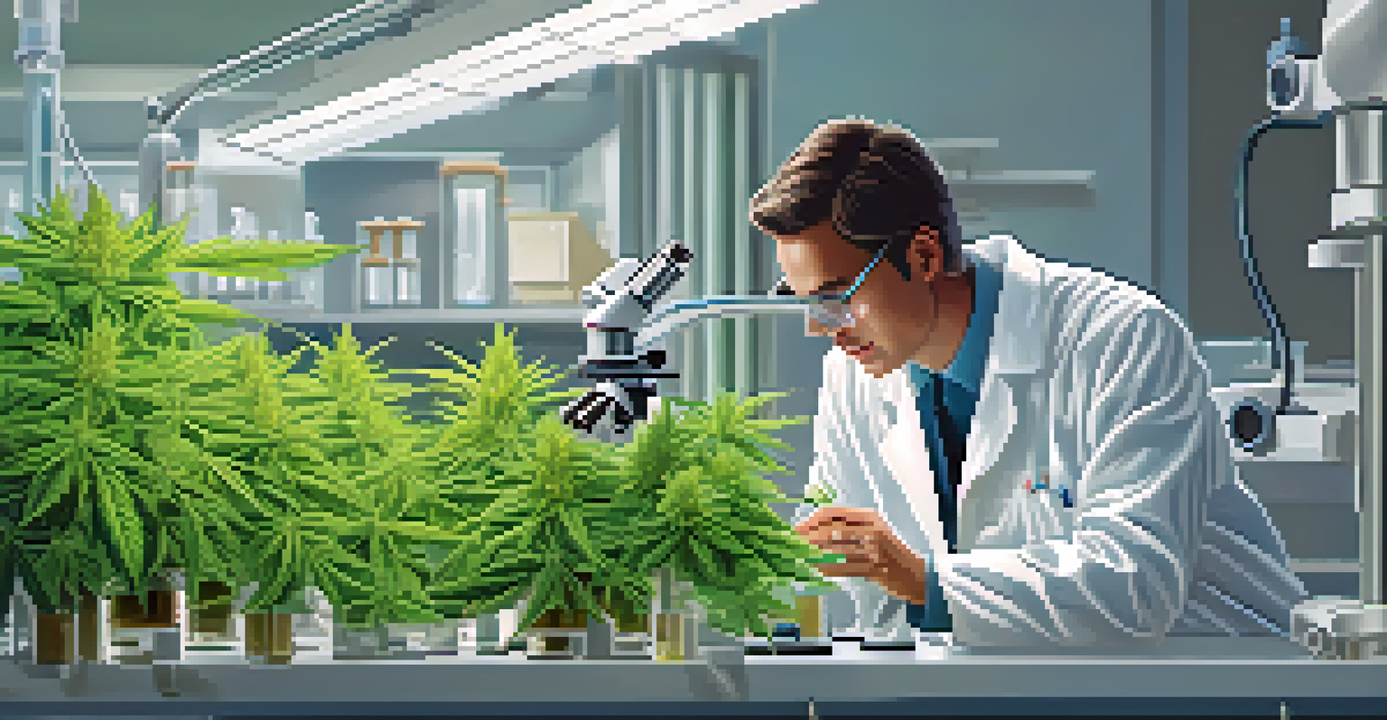A researcher in a laboratory examining cannabis samples under a microscope, surrounded by scientific equipment and plants.