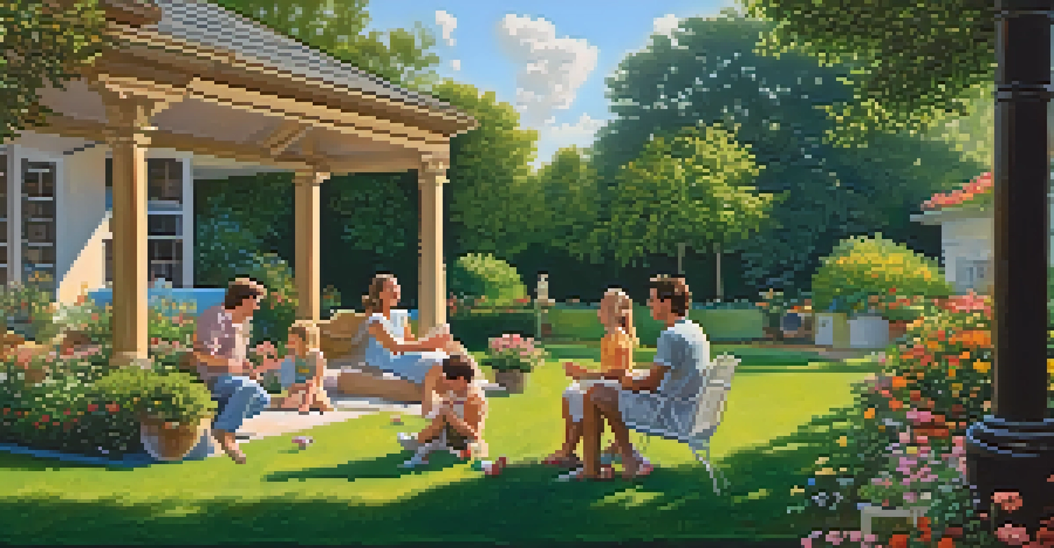 An outdoor family gathering in a garden, with children playing and parents enjoying a smoke-free environment under a shaded patio.
