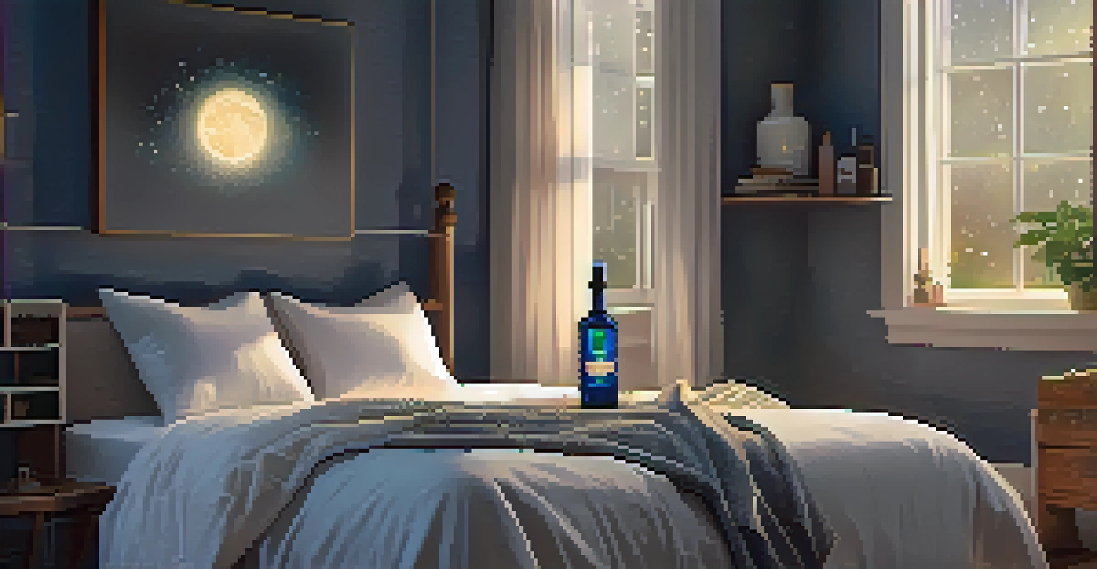 A cozy bedroom with a bed, nightstand, and CBD oil bottle, illuminated by soft lighting.