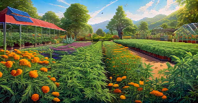 A cannabis farm with diverse plants, including marigolds and herbs, under warm sunlight, with bees and butterflies present.