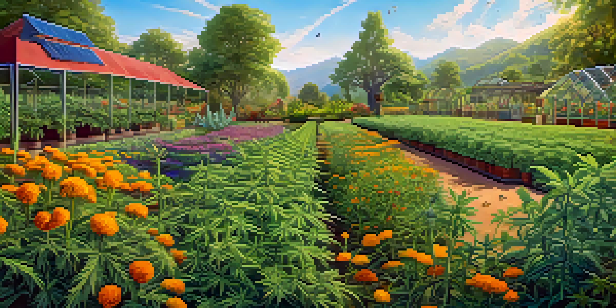 A cannabis farm with diverse plants, including marigolds and herbs, under warm sunlight, with bees and butterflies present.