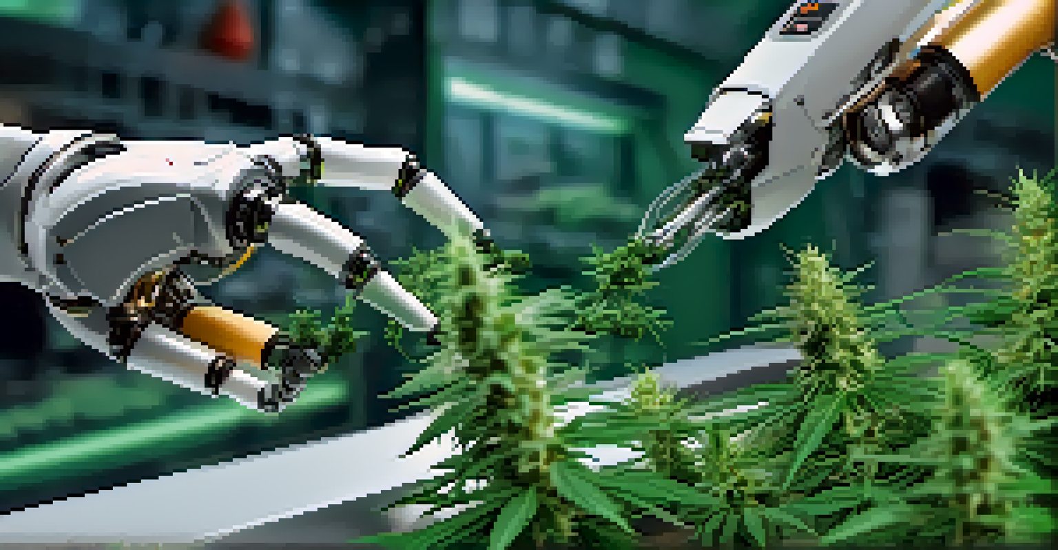 A robotic arm delicately harvesting marijuana buds from a plant, highlighting the precision of robotics in agriculture.
