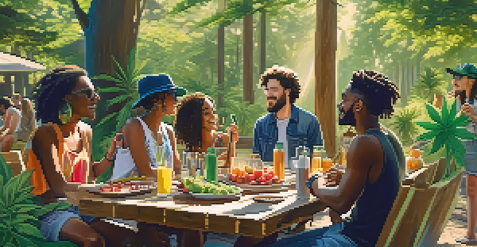 A diverse group of cannabis influencers enjoying a sunny outdoor gathering, sharing cannabis products and experiences.