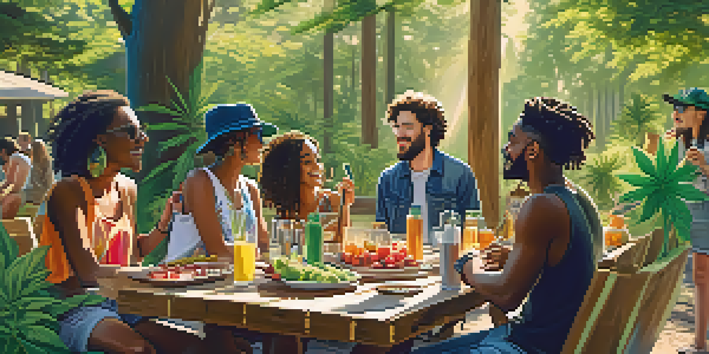 A diverse group of cannabis influencers enjoying a sunny outdoor gathering, sharing cannabis products and experiences.