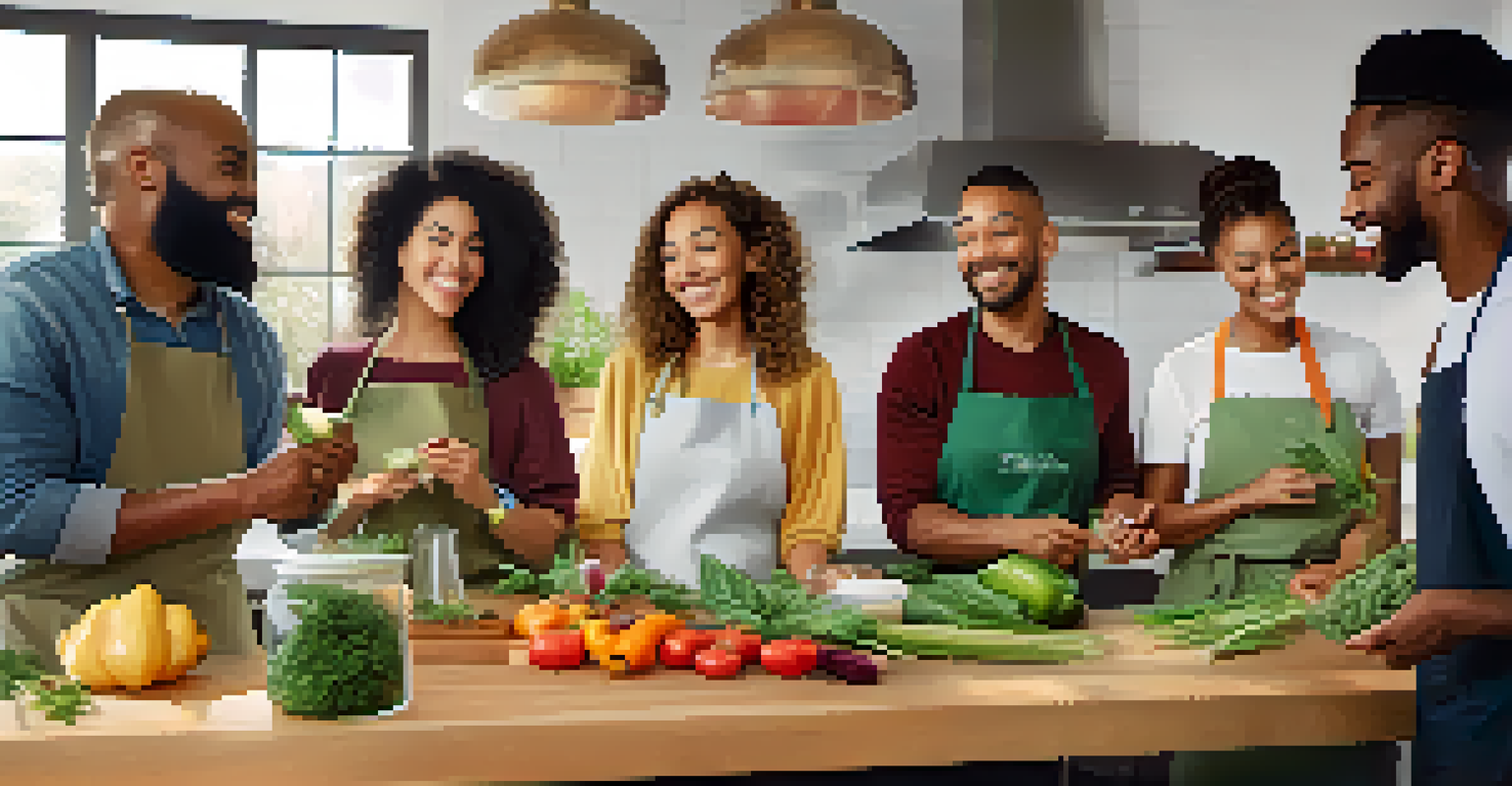 A group of people participating in a cooking class focused on healthy cannabis-infused recipes in a contemporary kitchen.