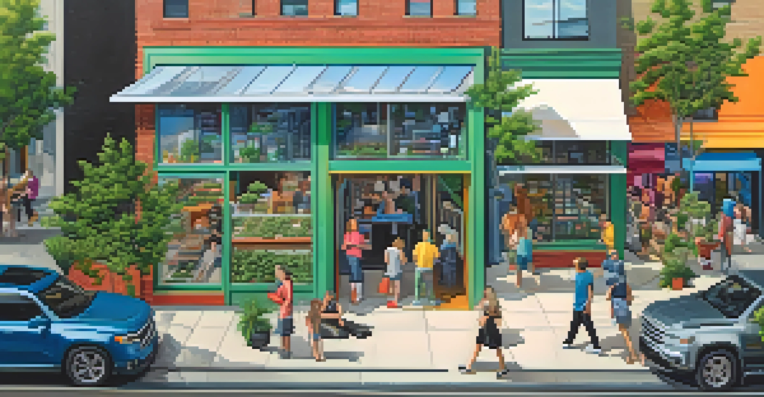An aerial view of a busy cannabis dispensary with customers lined up outside in a modern urban environment, showcasing colorful signage and contemporary buildings.