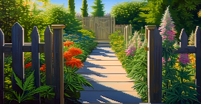 A tranquil garden filled with green cannabis plants under a bright blue sky, sunlight shining through the leaves.