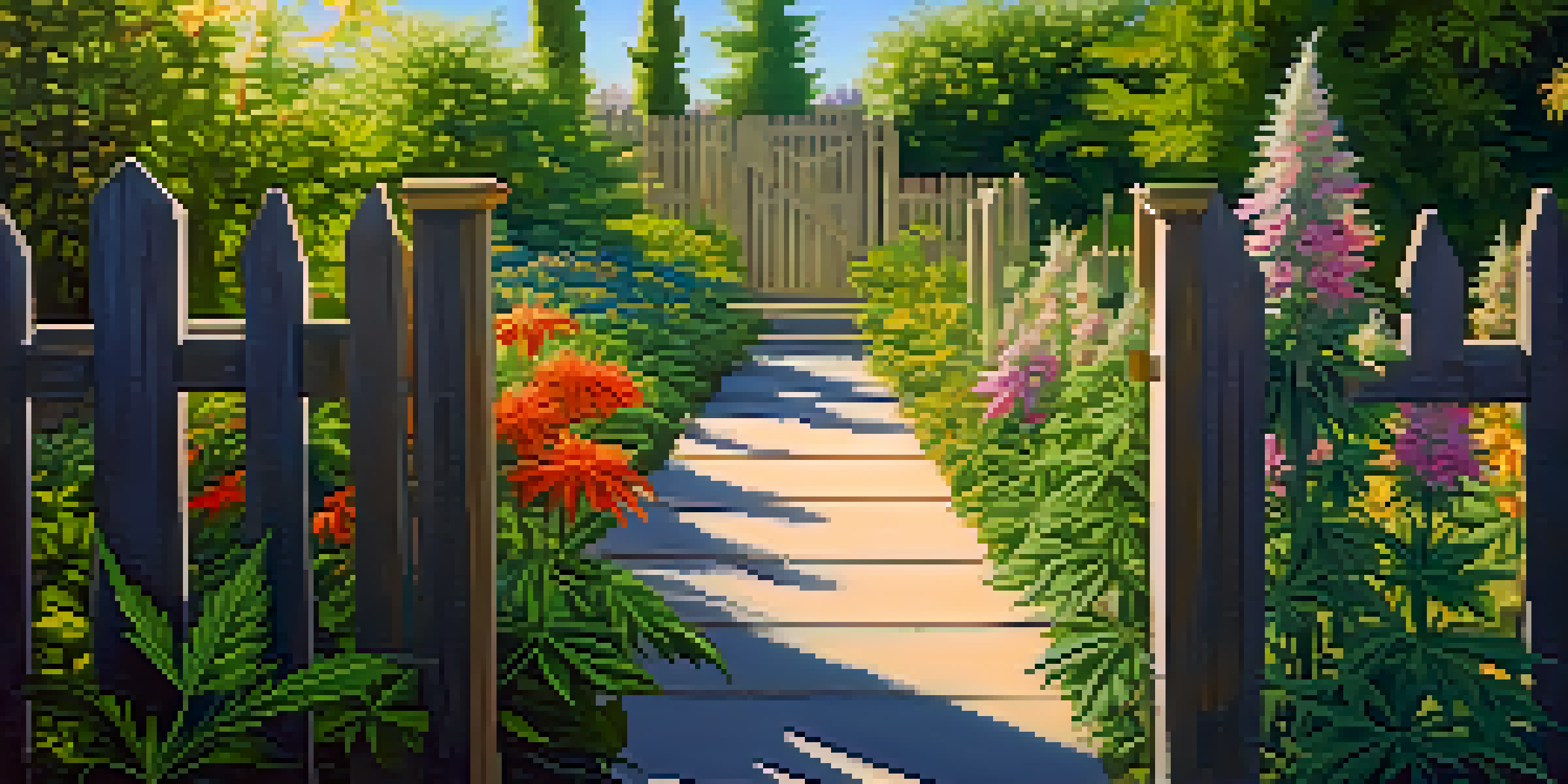 A tranquil garden filled with green cannabis plants under a bright blue sky, sunlight shining through the leaves.
