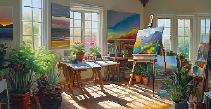 An artist in a well-lit studio painting a colorful landscape, surrounded by abstract art and plants.