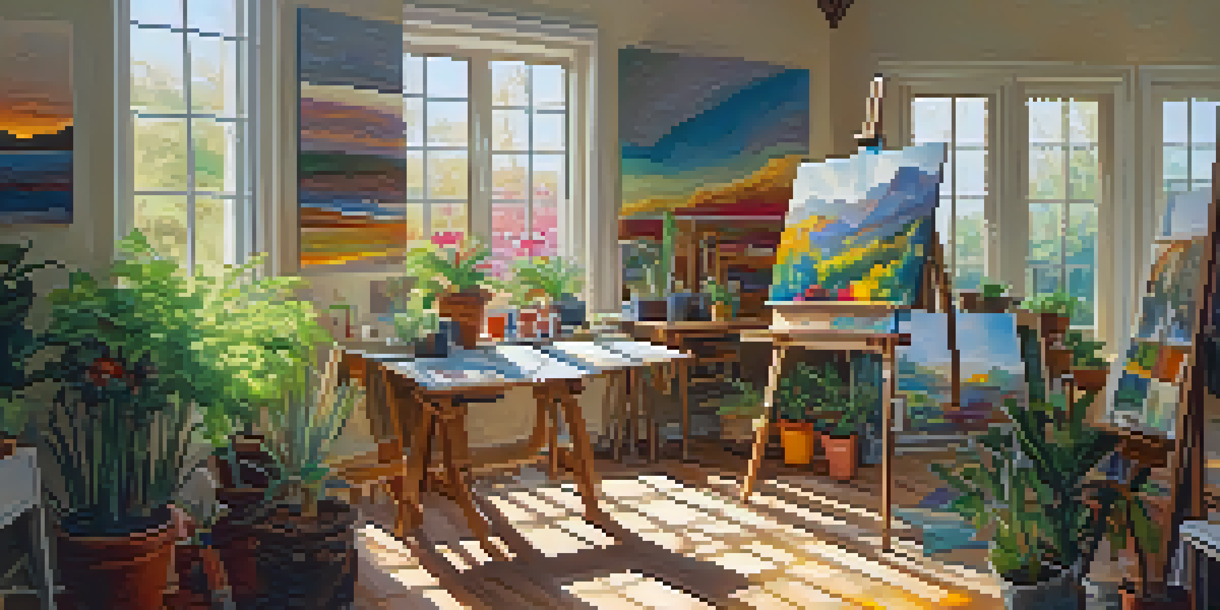 An artist in a well-lit studio painting a colorful landscape, surrounded by abstract art and plants.