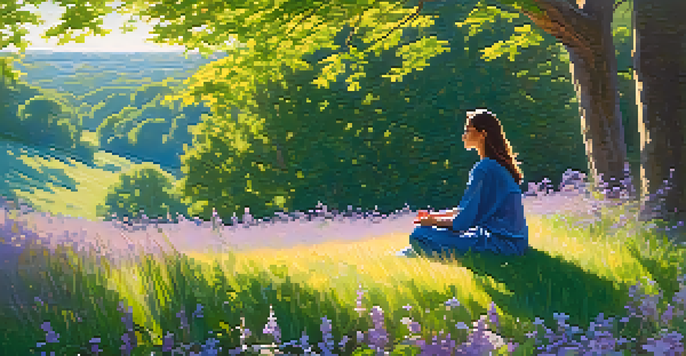 A young woman meditating on a grassy hill, surrounded by wildflowers, with sunlight filtering through the trees.