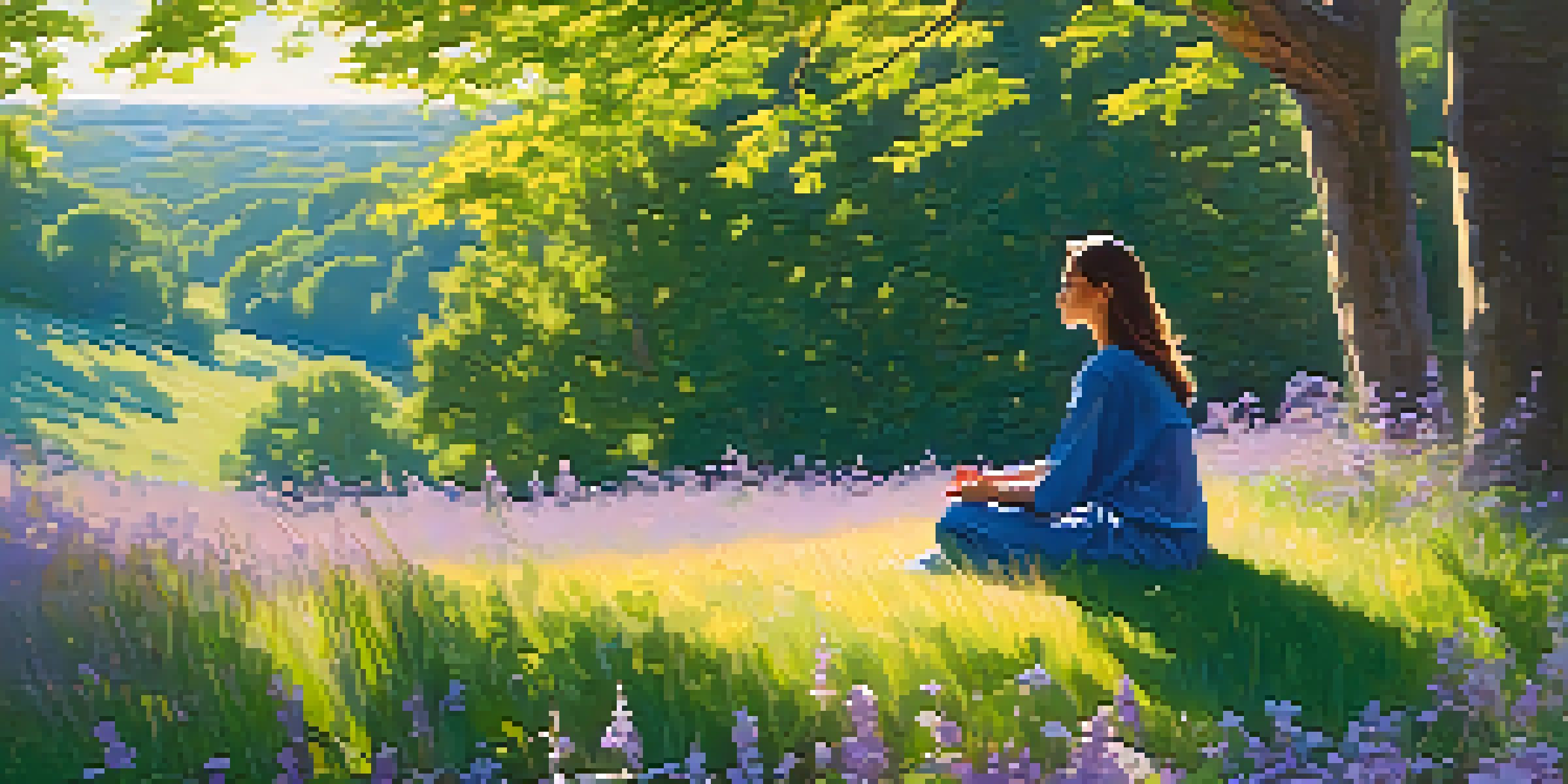 A young woman meditating on a grassy hill, surrounded by wildflowers, with sunlight filtering through the trees.
