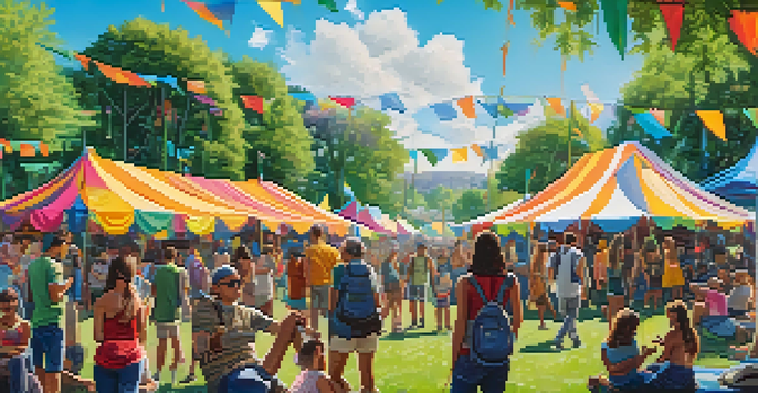 A lively public park filled with diverse people celebrating at a cannabis festival, surrounded by colorful tents and greenery.