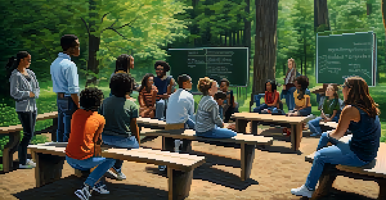 A diverse group of youth in an outdoor classroom discussing marijuana legalization with an instructor, surrounded by nature.