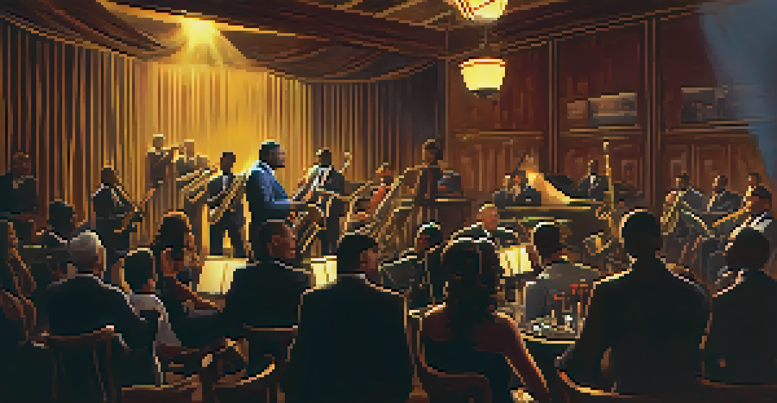 A dimly lit jazz club with musicians performing on stage, rich wooden textures, and an engaging audience, creating a smoky ambiance.