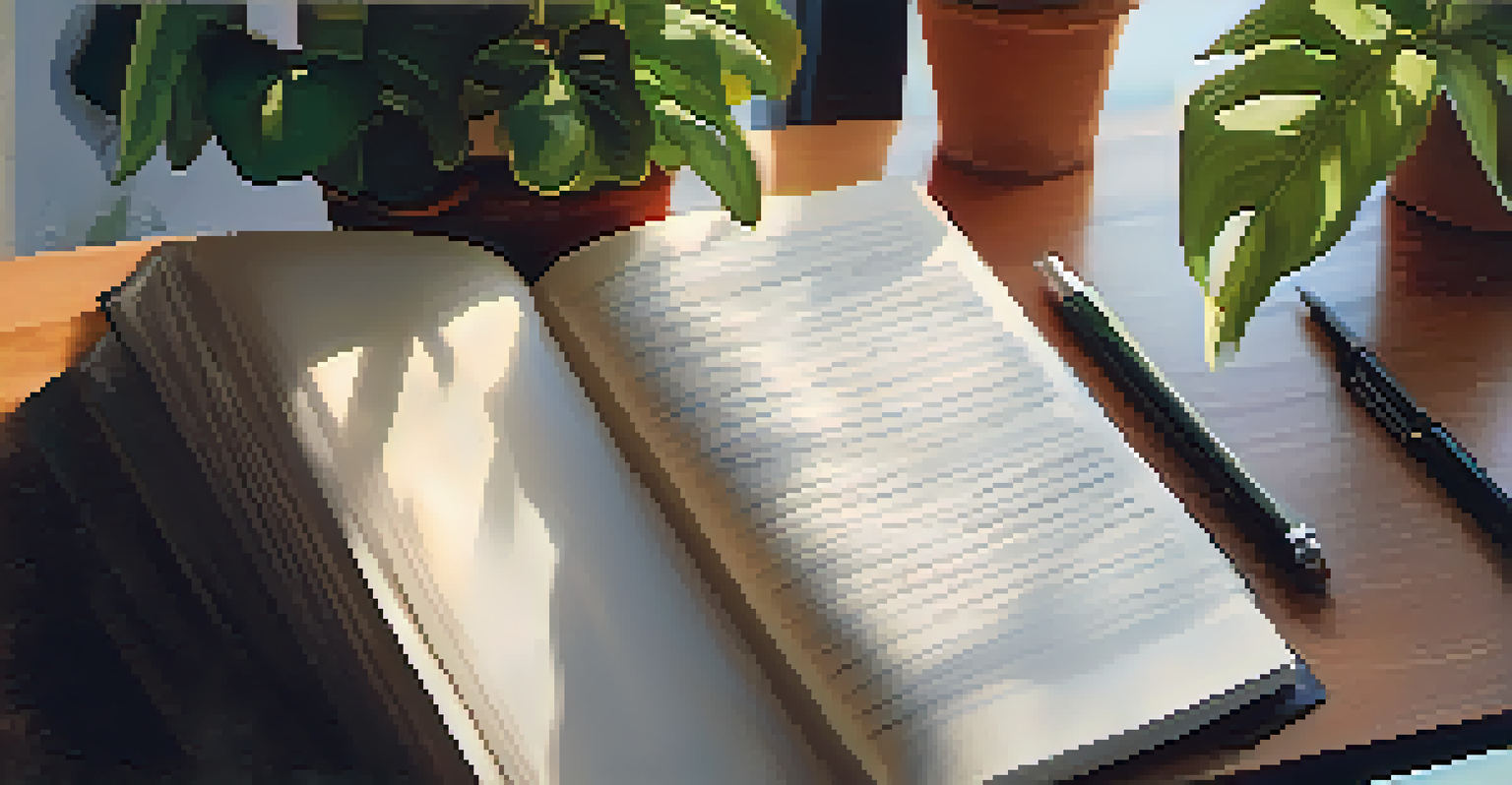 A person writing in a journal with a cup of coffee and a plant in a peaceful workspace.