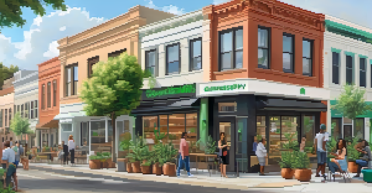 A modern cannabis dispensary in an urban area surrounded by greenery, with community members interacting peacefully.