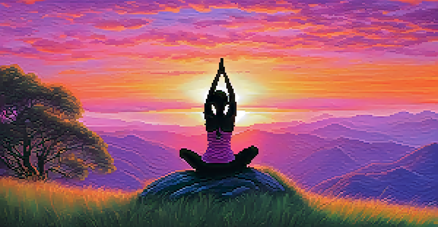 A person practicing yoga on a hilltop at sunset, with a colorful sky and a lush green landscape.