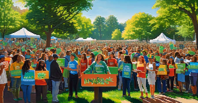 A diverse group of people at a rally in a park, holding signs advocating for marijuana legalization under a bright blue sky.