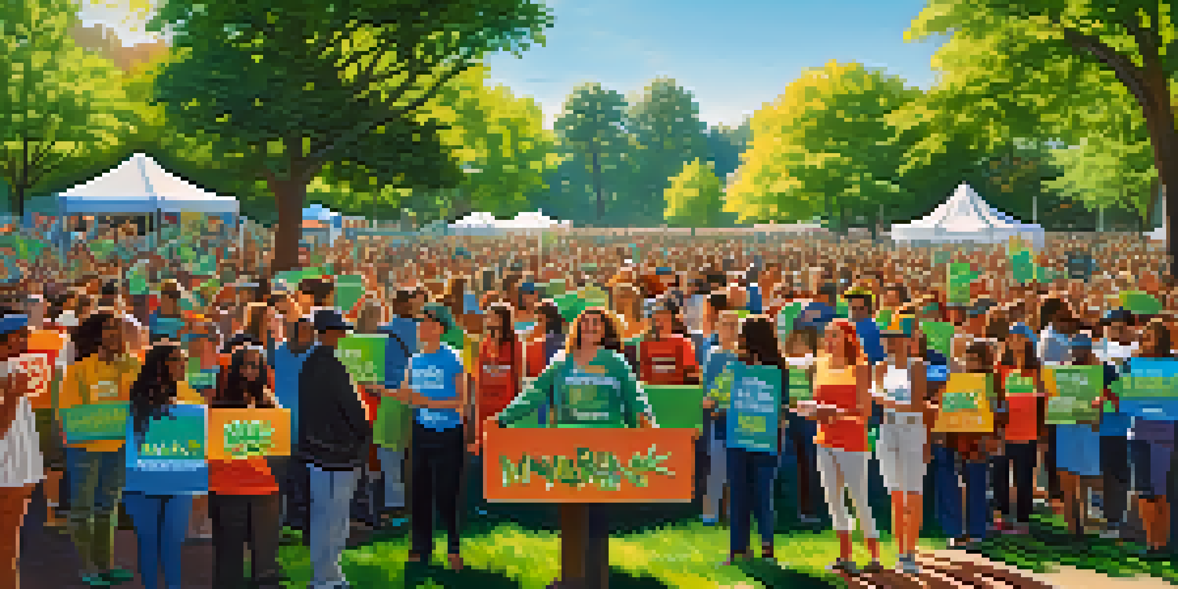 A diverse group of people at a rally in a park, holding signs advocating for marijuana legalization under a bright blue sky.