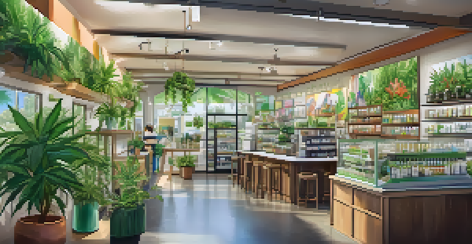 A busy cannabis dispensary with colorful product displays and customers interacting with staff, illuminated by natural light.