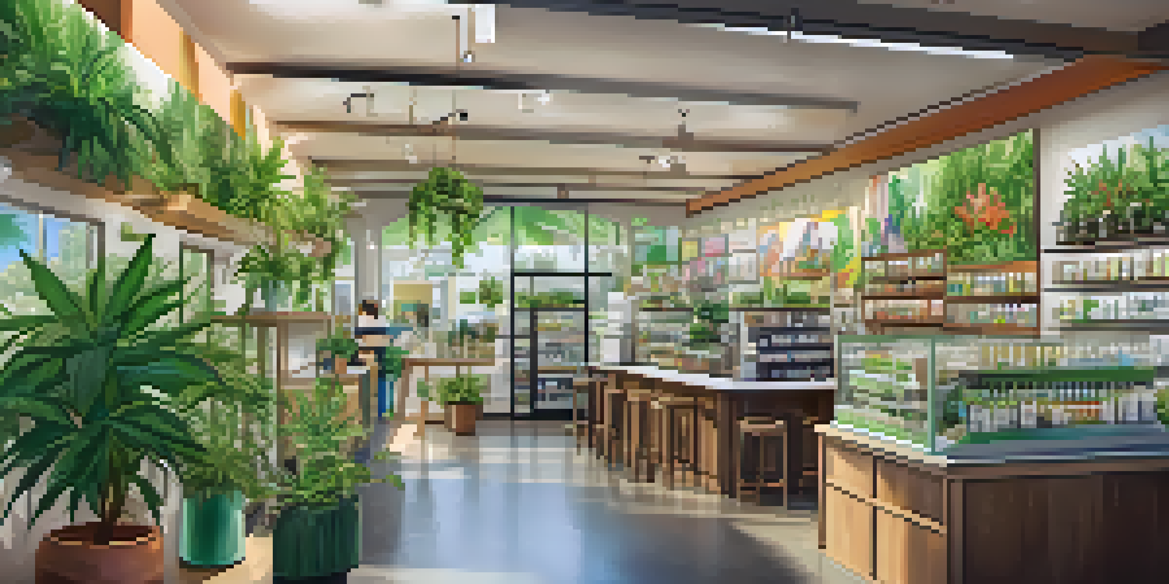 A busy cannabis dispensary with colorful product displays and customers interacting with staff, illuminated by natural light.