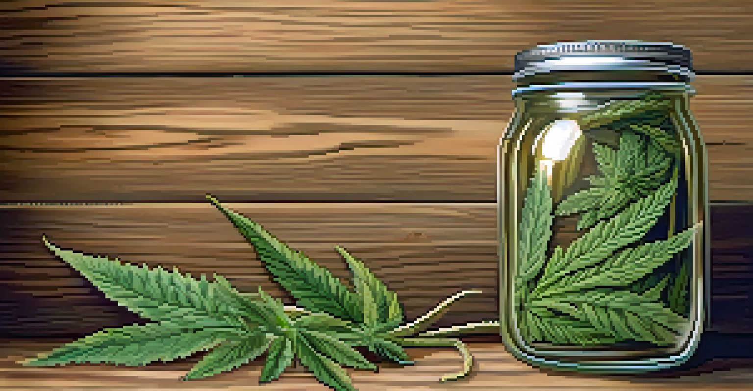 A mason jar with hemp twine and cannabis motifs placed on a wooden surface, surrounded by cannabis leaves.