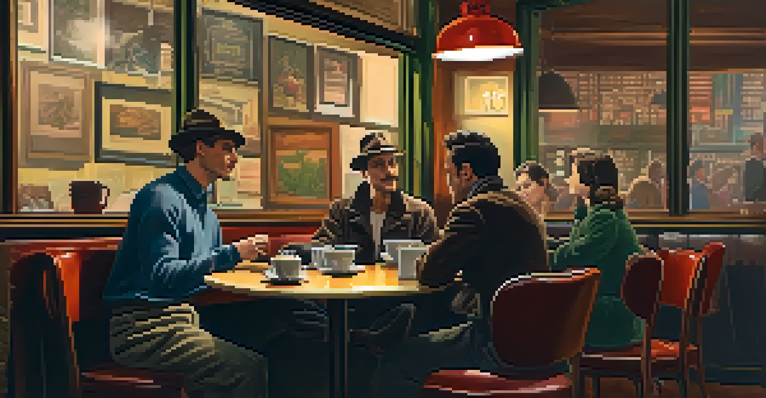 A cozy 1950s coffee shop with writers engaged in deep conversation, surrounded by warm lighting and vintage decor.