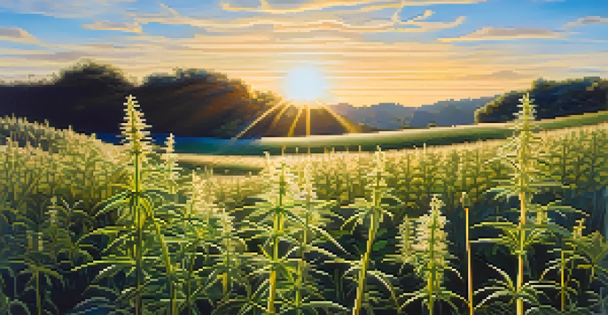 A peaceful hemp field at sunset with a close-up of a hemp flower in the foreground.