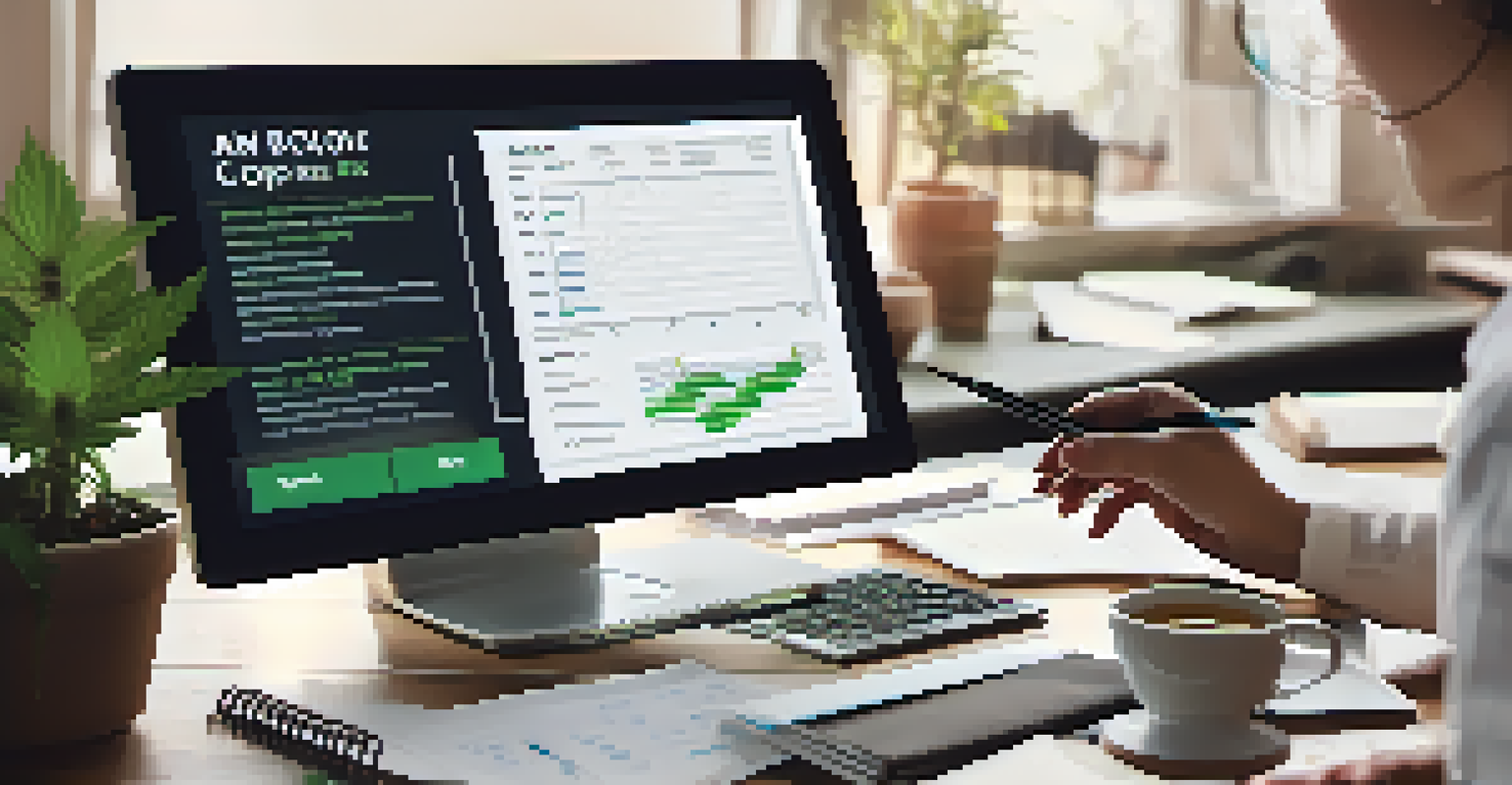 A close-up of a computer screen showing cannabis ad copy A/B test results, with a hand holding a pen.