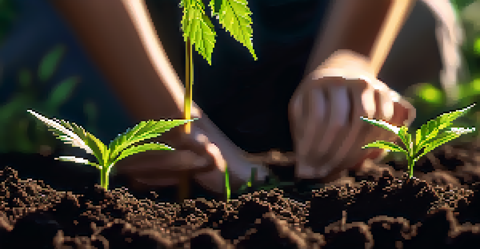 Close-up of hands planting a cannabis seedling into dark soil, with sunlight filtering through nearby plant leaves in a garden.