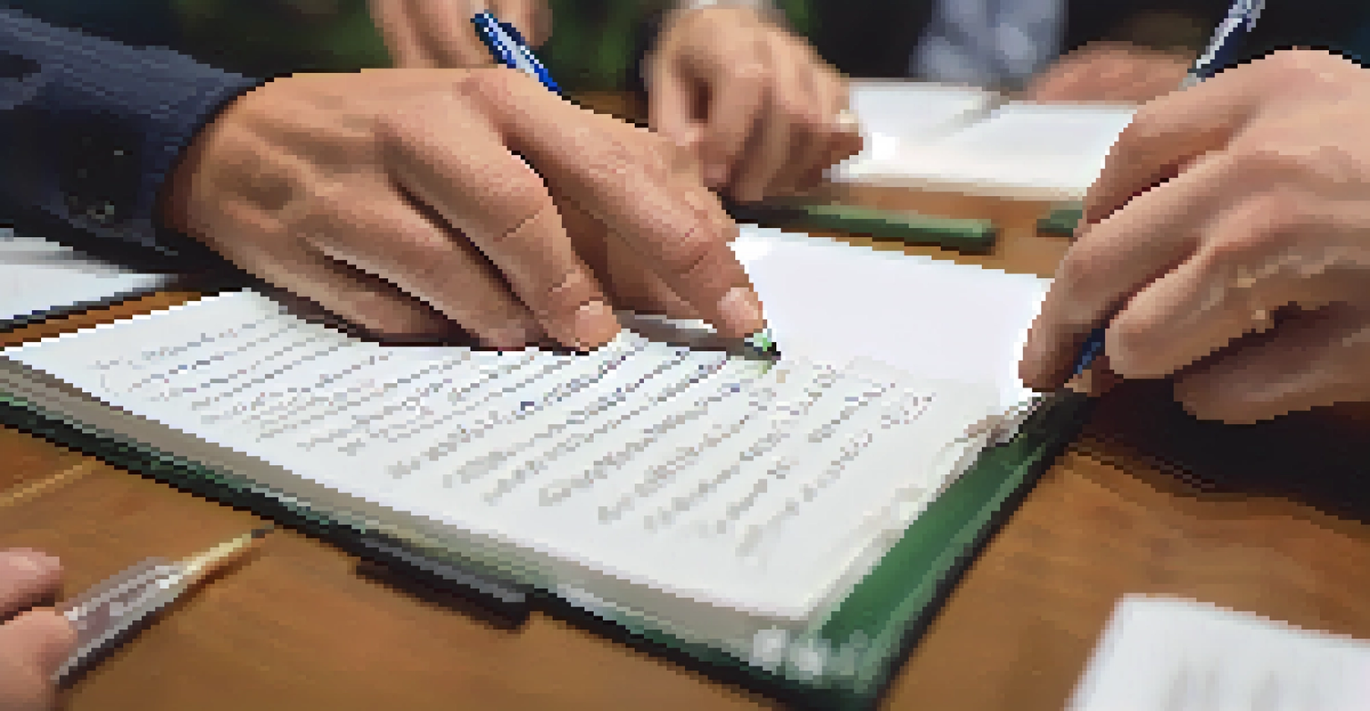 Close-up of hands demonstrating communication techniques in a marijuana emergency training role-play, with a notepad in one hand and gestures in the other.