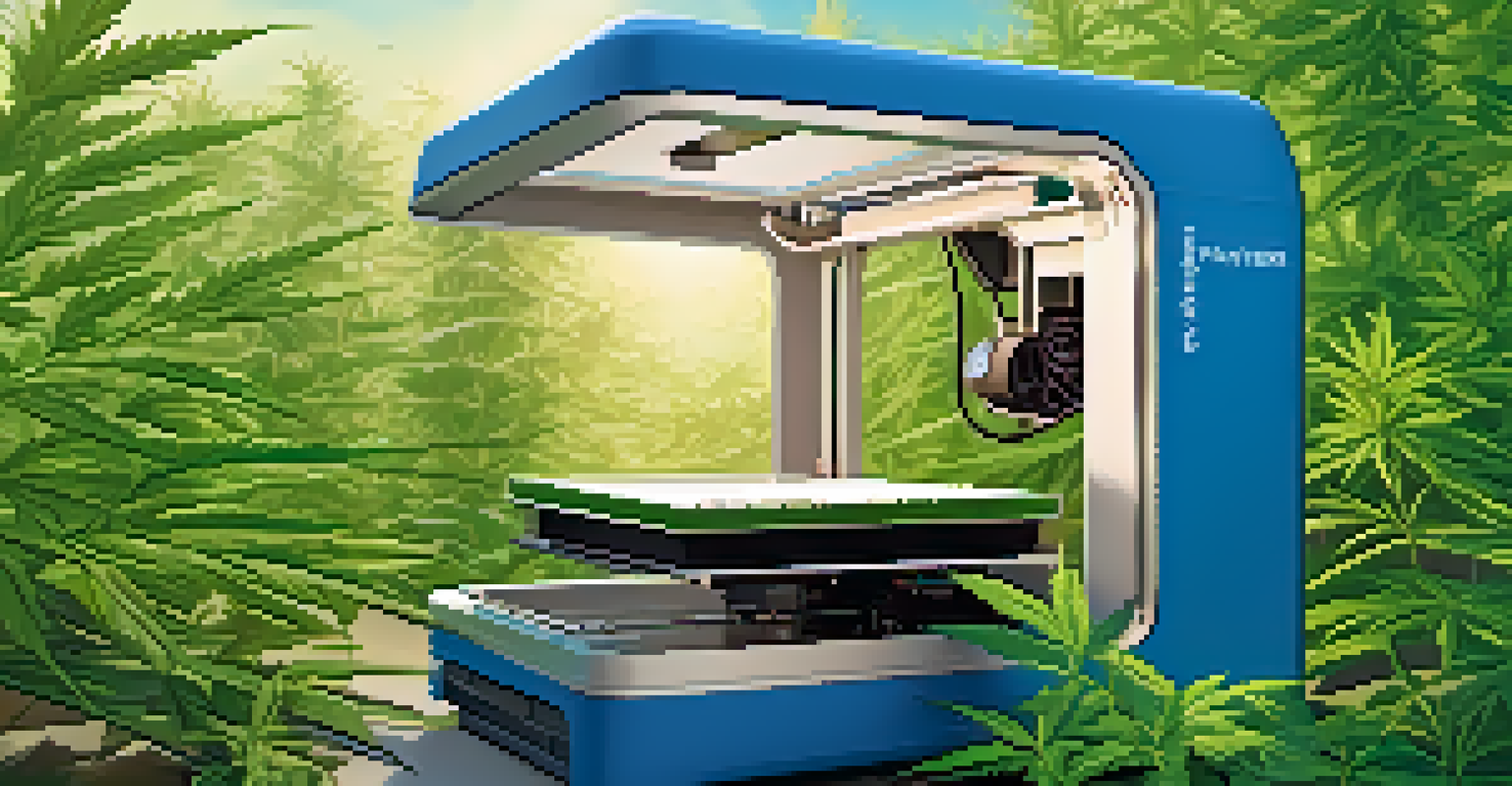 A 3D printer creating tools from biodegradable material outdoors, surrounded by cannabis plants and a blue sky.
