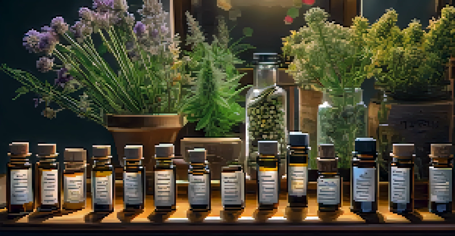 A collection of essential oils and dried herbs, including cannabis, with labeled vials and warm lighting.