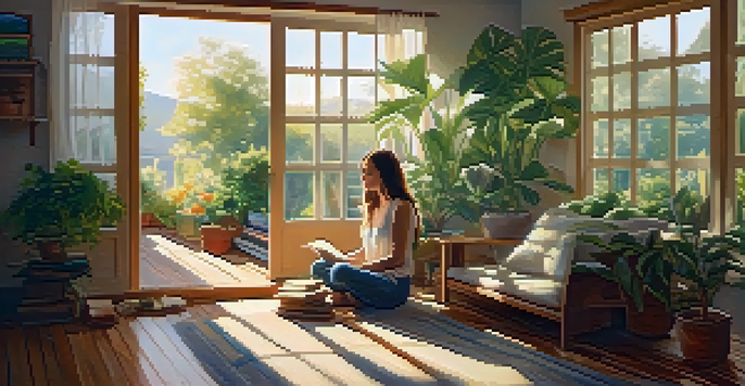 A woman meditating in a sunlit room filled with plants and books, creating a peaceful atmosphere.