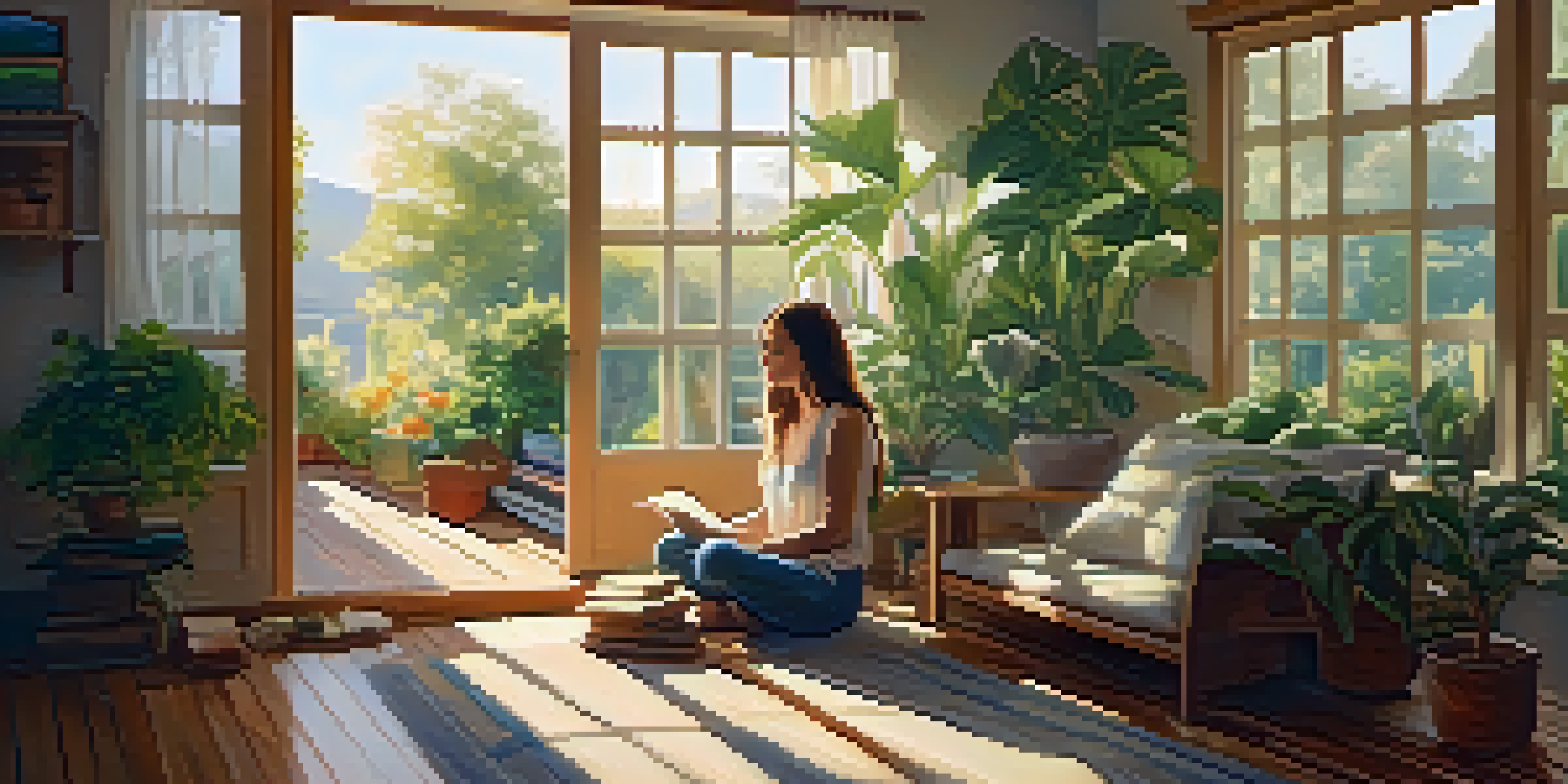 A woman meditating in a sunlit room filled with plants and books, creating a peaceful atmosphere.