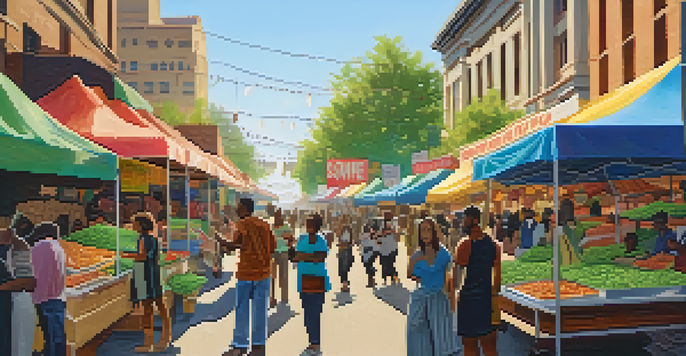 A lively street market with diverse people discussing cannabis legalization, colorful stalls, and banners promoting social justice.