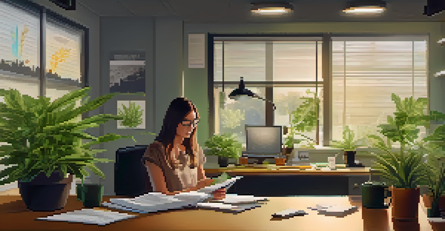 An employee in an office reading a pamphlet about marijuana's effects on cognitive function, with a well-organized desk.