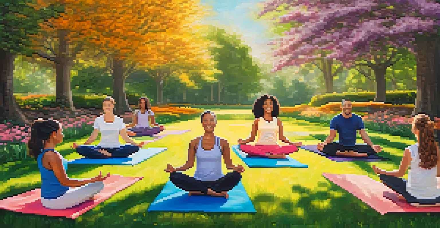 A family practicing yoga together in a sunny park, surrounded by flowers and trees, creating a calm and joyful atmosphere.