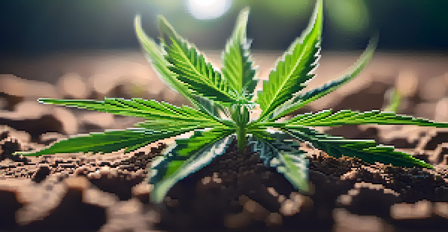 A close-up image of a cannabis plant with a soil moisture sensor, focusing on the details of the leaves and soil, illuminated by soft sunlight.