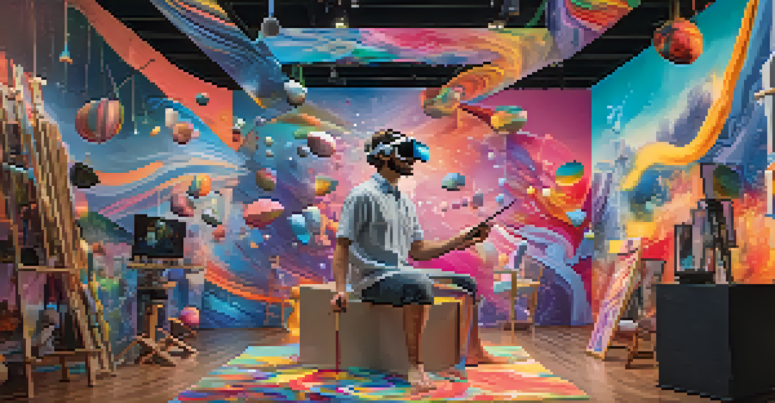 A person in a virtual reality headset painting in a colorful digital art studio with floating shapes.