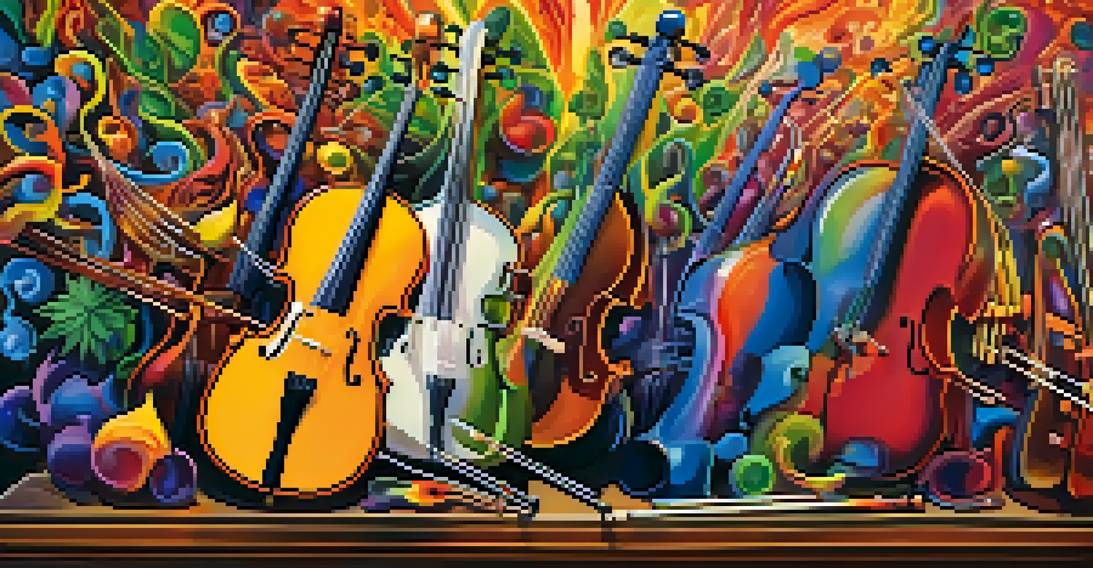 An artistic depiction of an orchestra with instruments representing cannabinoids, surrounded by colorful sound waves.