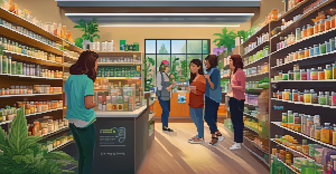 An indoor cannabis dispensary with diverse customers and various products on display, highlighting a welcoming atmosphere.