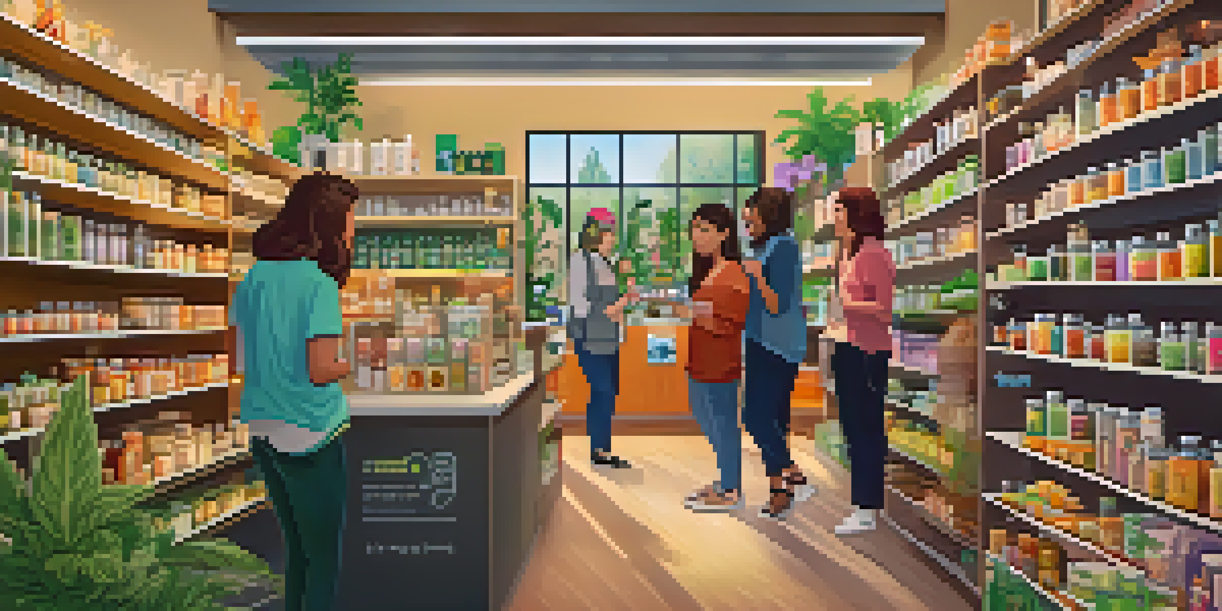 An indoor cannabis dispensary with diverse customers and various products on display, highlighting a welcoming atmosphere.