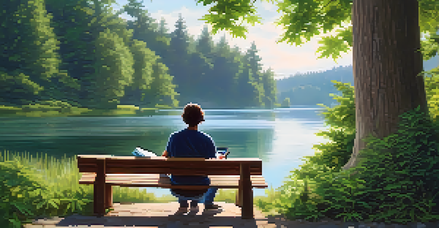 A person sitting on a bench in nature, using a tablet to log marijuana consumption with greenery and a lake in the background.